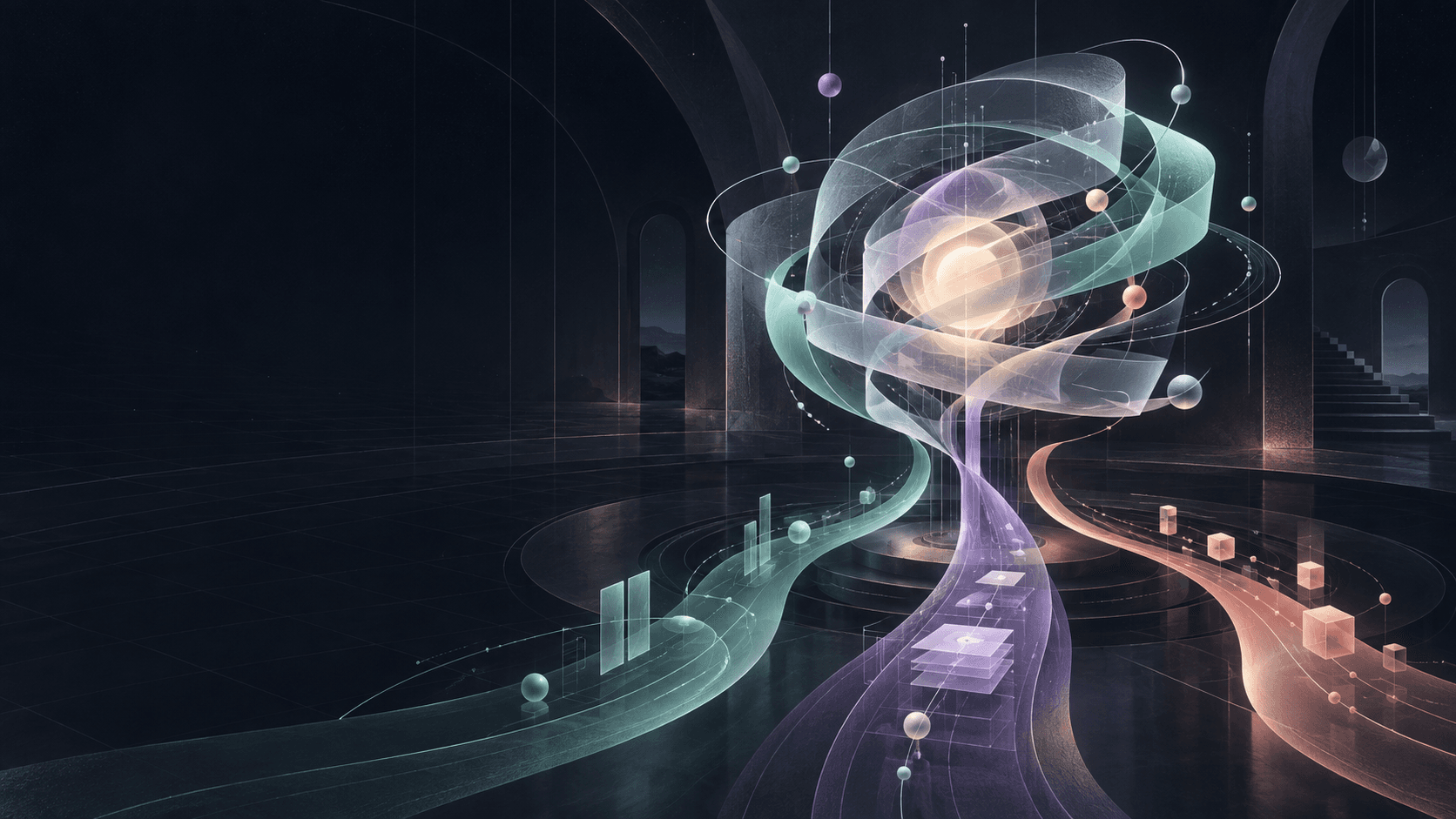 Abstract ribbons, signals, and glass forms converging around a luminous intelligence